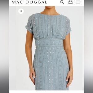 NWT Mac Duggal 93649 Blue Beaded Cap Sleeve Column Midi Dress Size 4